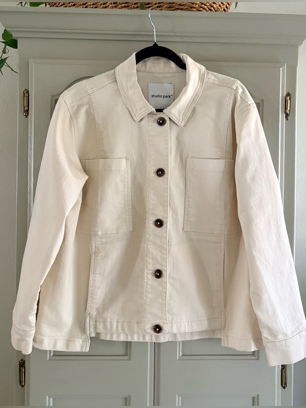 Studio Park x Amy Stran Cotton Blend Denim Utility Chore Jacket |  Ecru| Size L
